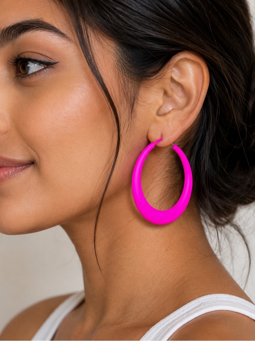 Hot Pink Matte Finish Large Retro Hoop Earrings